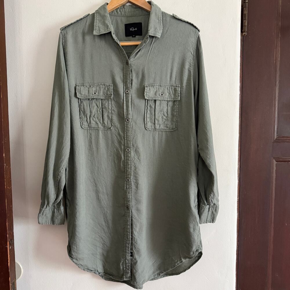 RAILS | Dark Sage Green Linen Lennon Long line relaxed Button Down Blouse Medium